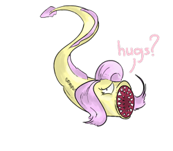 Size: 800x700 | Tagged: safe, artist:keentao, fluttershy, lamprey, bronybait, hug, hug request, species swap