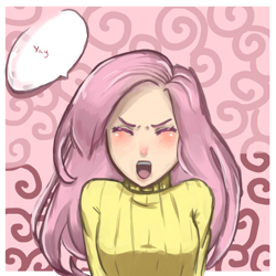 Size: 1000x1000 | Tagged: safe, artist:sharsharx, fluttershy, human, clothes, humanized, sweater, sweatershy, yay