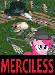 Size: 419x573 | Tagged: safe, pinkie pie, earth pony, pony, fence, hat, mr. bones' wild ride, poster, rollercoaster tycoon, skeleton, text