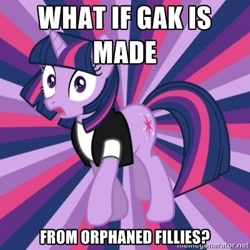 Size: 400x400 | Tagged: safe, derpibooru import, twilight sparkle, all caps, caption, conspiracy twilight sparkle, exploitable meme, gak, glue, image macro, impact font, implied death, meme, memegenerator, what if