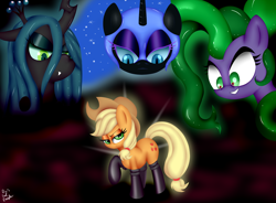 Size: 1280x943 | Tagged: safe, artist:paulpeopless, applejack, mane-iac, nightmare moon, queen chrysalis, changeling, changeling queen, earth pony, pony, epic, fireproof boots, wallpaper