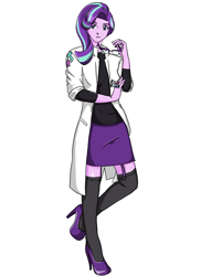 Size: 1280x1761 | Tagged: safe, artist:mamorukusanagi, starlight glimmer, equestria girls, clothes, cutie mark, equestria girls-ified, glasses, glasses off, high heels, lab coat, scientist, simple background, white background