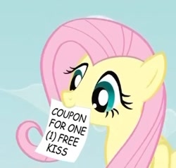 Size: 324x309 | Tagged: safe, fluttershy, pegasus, pony, blue eyes, coupon, exploitable meme, female, fluttershy's note meme, mare, meme, mouth hold, note, pink mane, simple background, solo, wings, yellow coat