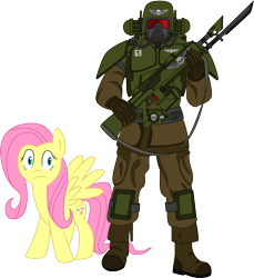 Size: 1147x1253 | Tagged: safe, artist:commissarprower, fluttershy, human, armor, bayonet, cadian hostile environment gear, imperial guard, imperium, lasgun, warhammer (game), warhammer 40k, weapon