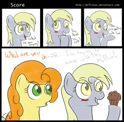 Size: 860x850 | Tagged: safe, artist:mrfizzyu, carrot top, derpy hooves, golden harvest, pegasus, pony, comic, female, mare, muffin