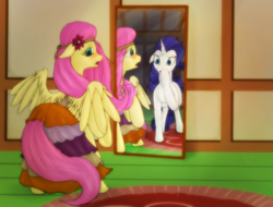 Size: 1280x973 | Tagged: safe, artist:cyclone-dusk, fluttershy, rarity, pegasus, pony, unicorn, caught, hippie, hippieshy