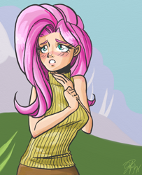 Size: 436x537 | Tagged: safe, artist:jentiful, fluttershy, human, clothes, female, humanized, pink hair