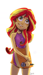 Size: 591x1028 | Tagged: safe, artist:thezeo, sunset shimmer, equestria girls, rainbow rocks, clothes, cute, female, halterneck, microphone, shimmerbetes, simple background, skirt, sleeveless, solo, white background