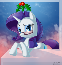Size: 1008x1058 | Tagged: dead source, safe, artist:skyart301, rarity, pony, unicorn, beautiful, blushing, christmas, female, glasses, holiday, holly, holly mistaken for mistletoe, looking at you, mare, raised eyebrow, signature