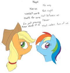 Size: 555x577 | Tagged: safe, artist:joey darkmeat, artist:purplepolymath, derpibooru import, applejack, rainbow dash, earth pony, pegasus, pony, appledash, denial, female, imminent kissing, lesbian, shipping