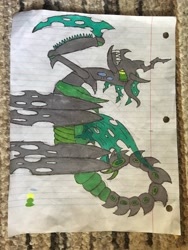 Size: 3024x4032 | Tagged: safe, artist:trini-mite, derpibooru exclusive, queen chrysalis, changeling, changeling queen, demon, abomination, absurd resolution, former queen chrysalis, green changeling, lined paper, mutant, sideways image, solo, taken on an iphone, this isn't even my final form, traditional art