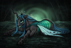 Size: 3552x2423 | Tagged: safe, artist:cvanilda, queen chrysalis, changeling, changeling queen, drool, female, prone, solo