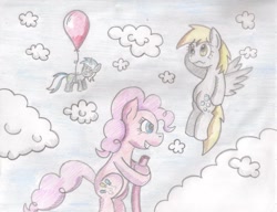 Size: 900x692 | Tagged: safe, artist:shinkuma, derpy hooves, lyra heartstrings, pinkie pie, earth pony, pegasus, pony, balloon, female, mare, traditional art