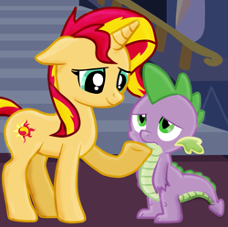 Size: 691x687 | Tagged: safe, artist:majkashinoda626, edit, spike, sunset shimmer, dragon, pony, unicorn, cute, female, male