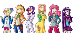 Size: 2238x1000 | Tagged: safe, artist:php52, derpibooru import, applejack, fluttershy, pinkie pie, rainbow dash, rarity, twilight sparkle, human, clothes, dress, humanized, light skin, mane six