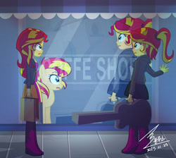 Size: 1100x986 | Tagged: safe, artist:bluse, sunset shimmer, human, pony, unicorn, equestria girls, rainbow rocks, awkward, coffee shop, duality, female, guitar, guitar case, human counterpart, human ponidox, human sunset, reflection, self paradox, show accurate, sweat