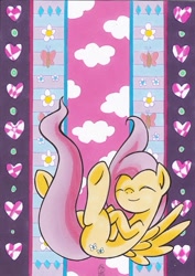 Size: 495x701 | Tagged: safe, artist:jonou, fluttershy, butterfly, pegasus, pony, cloud, falling, female, flower, gem, heart, mare, signature, smiling, solo