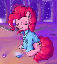 Size: 1000x1137 | Tagged: safe, artist:junkiekb, pinkie pie, earth pony, pony, christmas decoration, clothes, eyes closed, ipod, pajamas, shirt, sitting, solo