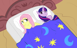 Size: 1336x827 | Tagged: safe, artist:garlandgala, derpibooru import, fluttershy, twilight sparkle, pegasus, pony, bed, female, lesbian, shipping, twishy