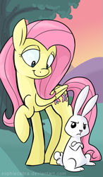 Size: 391x670 | Tagged: safe, artist:spainfischer, angel bunny, fluttershy, pegasus, pony, rabbit, female, mare, pet, pink mane, yellow coat