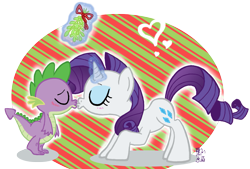 Size: 1179x797 | Tagged: safe, artist:dunkelkatze, rarity, spike, dragon, pony, unicorn, blushing, kissing, mistletoe, shipping, sparity