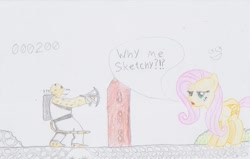 Size: 1506x960 | Tagged: safe, artist:nick3529, fluttershy, pegasus, pony, crossover, female, mare, why me?