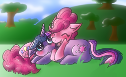 Size: 900x549 | Tagged: artist needed, source needed, safe, derpibooru import, pinkie pie, twilight sparkle, earth pony, pony, blushing, eyes closed, female, lesbian, shipping, twinkie