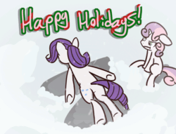 Size: 600x459 | Tagged: safe, artist:waywardtrail, artist:zestyoranges, rarity, sweetie belle, pony, unicorn, animated, ask ecstatic rarity, majestic as fuck, rerity, snow, snow angel, snowfall, you're doing it wrong