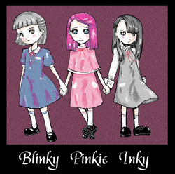 Size: 1160x1152 | Tagged: safe, artist:dzetawmdunion, limestone pie, marble pie, pinkie pie, group photo, holding hands, humanized, pie sisters, pinkamena diane pie, trio, younger