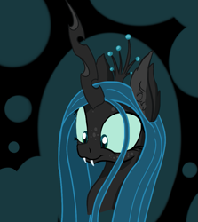 Size: 859x961 | Tagged: safe, artist:paskanaakka, derpibooru exclusive, queen chrysalis, changeling, changeling queen, abstract background, bust, cute, cutealis, ear fluff, fangs, freckles, portrait, smiling, solo