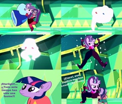 Size: 960x822 | Tagged: safe, aria blaze, starlight glimmer, suri polomare, twilight sparkle, equestria girls, comic, fusion, garnet (steven universe), ruby (steven universe), sapphire (steven universe), spanish, steven universe, translated in the description