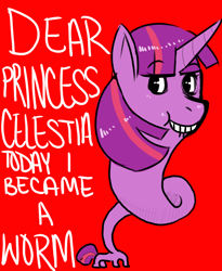 Size: 720x878 | Tagged: safe, artist:chinpochucky, derpibooru import, twilight sparkle, worm, species swap, text