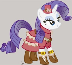 Size: 800x722 | Tagged: safe, artist:elm-chan, rarity, pony, unicorn, boots, clothes, dress, hat, hoof boots, steampunk