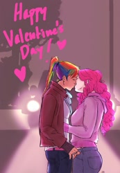 Size: 710x1024 | Tagged: safe, artist:demdoodles, derpibooru import, pinkie pie, rainbow dash, human, clothes, female, humanized, kissing, lesbian, light skin, moderate dark skin, pinkiedash, shipping