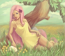 Size: 1000x863 | Tagged: safe, artist:aveeshtar, fluttershy, rabbit, clothes, curvy, dress, frilly dress, humanized