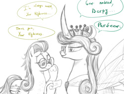 Size: 1111x845 | Tagged: safe, artist:plotcore, derpy hooves, queen chrysalis, reversalis, changeling, changeling queen, pegasus, pony, alternate universe, bright eyes (mirror universe), dialogue, duo, equestria-3, female, glasses, mare, monochrome, scroll, simple background, we don't normally wear clothes, white background