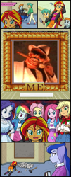 Size: 800x1977 | Tagged: safe, applejack, fluttershy, pinkie pie, rainbow dash, rarity, snails, snips, sunset shimmer, equestria girls, anti drug games, bra strap, cigar, clothes, exploitable meme, jontron, meme, mr big, narc (video game), skirt, smoking, sunset's art critics