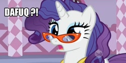 Size: 636x318 | Tagged: safe, edit, edited screencap, screencap, rarity, pony, unicorn, suited for success, dafuq, glasses, hub logo, image macro, messy mane, solo, wtf