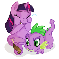 Size: 850x850 | Tagged: artist needed, source needed, safe, derpibooru import, spike, twilight sparkle, dragon, feather, hoof tickling, tickling, younger