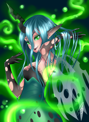 Size: 1024x1408 | Tagged: safe, artist:white-nephilim, queen chrysalis, human, clothes, dress, elf ears, female, horned humanization, humanized, lipstick, solo, winged humanization, wings