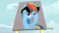 Size: 1920x1080 | Tagged: safe, derpibooru import, screencap, rainbow dash, pegasus, pony, fame and misfortune, billboard, discovery family logo, flawless, solo, sunglasses