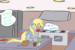 Size: 1280x853 | Tagged: dead source, safe, artist:manicpanda, derpy hooves, pegasus, pony, apple, apple gag, female, food, gag, kitchen, mare, offscreen character, pony as food, solo, thanksgiving, turkey