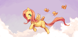 Size: 4000x1930 | Tagged: safe, artist:mewitti, artist:mewkitty, fluttershy, bird, pegasus, pony, cloud, female, flying, looking back, mare, smiling