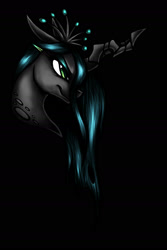 Size: 1348x2012 | Tagged: safe, artist:thatonegib, derpibooru exclusive, queen chrysalis, changeling, changeling queen, black background, bust, portrait, simple background, smiling, solo, tattoo, tattoo design