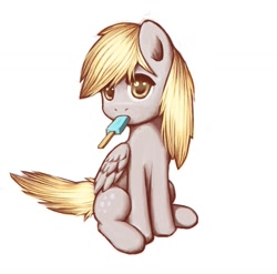 Size: 1063x1051 | Tagged: safe, artist:lurarin, derpy hooves, pegasus, pony, cute, derpabetes, female, food, ice cream, looking at you, mare, mouth hold, nom, popsicle, sea salt ice cream, simple background, sitting, solo, white background