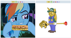 Size: 513x276 | Tagged: safe, derpibooru import, edit, rainbow dash, pegasus, pony, derpibooru, exploitable meme, food, juxtaposition, juxtaposition win, luigi, meme, meta, not porn, sandwich, sandwich censorship, smugdash, super mario bros., twilight scepter, weegee