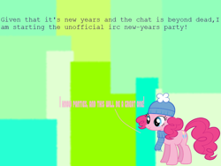 Size: 800x600 | Tagged: safe, pinkie pie, earth pony, pony, beanie, clothes, happy new year, hat, irc, scarf, text