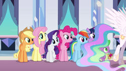 Size: 1920x1080 | Tagged: safe, derpibooru import, screencap, applejack, fluttershy, pinkie pie, princess celestia, rainbow dash, rarity, spike, twilight sparkle, equestria girls, equestria girls (movie), mane six