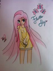 Size: 717x960 | Tagged: safe, artist:rebecca boo berry, fluttershy, human, clothes, female, humanized, pink hair