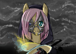 Size: 900x643 | Tagged: safe, artist:cannotbeunseen, fluttershy, pegasus, pony, corvo attano, crossover, dishonored, female, mare